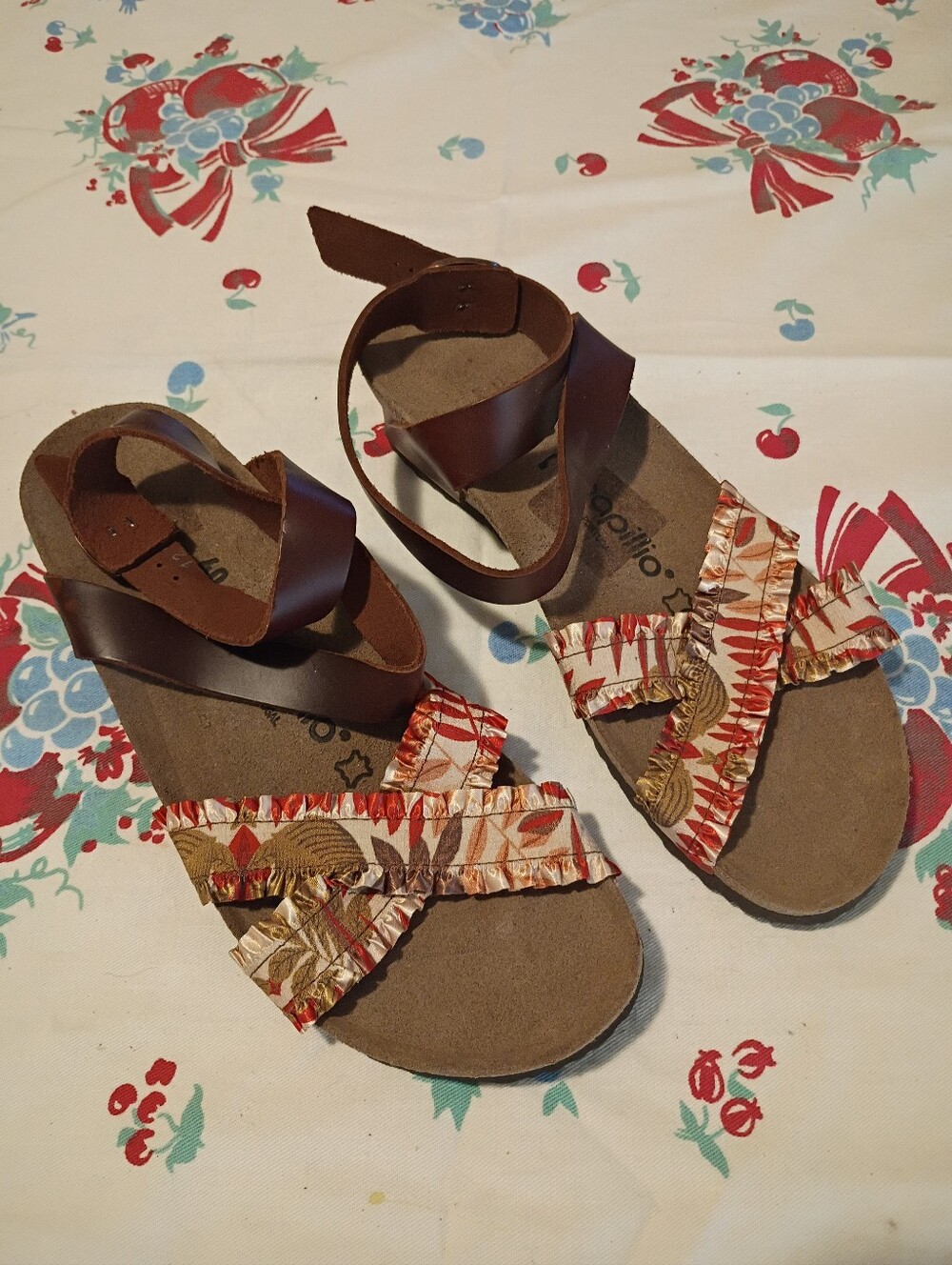 Birkenstock Brown Leather Ankle-Strap Sandals with Red and Cream Floral Straps